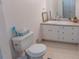 Bathroom featuring toilet, sink, vanity and neutral tile flooring at 150 Newton Ridge Dr, Covington, GA 30014