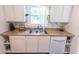 Kitchen area featuring a stainless steel sink, white cabinetry, and a window view, blending utility with charm at 150 Newton Ridge Dr, Covington, GA 30014