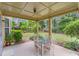 Covered patio featuring a glass table and chairs, overlooking a fenced backyard at 1645 Colleens Cask Ter, Dacula, GA 30019