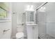 Modern bathroom featuring subway tile shower and vanity with marble countertop at 4807 Kenilworth Dr, Stone Mountain, GA 30083