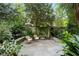 Secluded backyard patio with lush greenery, serene fountain, and outdoor seating at 171 Westminster Ne Dr, Atlanta, GA 30309