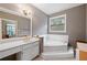 Elegant bathroom with a corner tub, vanity, and modern fixtures at 230 Ridge Point Ct, Alpharetta, GA 30022