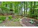 Secluded backyard with lush landscaping, garden beds, stone steps, and a tranquil bench for relaxation at 4152 Barberry Ne Dr, Roswell, GA 30075