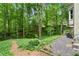 Lush backyard with mature trees and gravel path leading to wooded area and house access at 4152 Barberry Ne Dr, Roswell, GA 30075