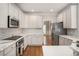 Modern kitchen featuring white cabinets, stainless steel appliances, and stylish backsplash at 1035 Eagles Brooke Dr, Locust Grove, GA 30248