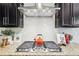 Close up of gas stove and stainless vent hood in kitchen with white subway tile and granite counters at 2793 Bloom Cir, Dacula, GA 30019