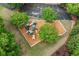 Aerial of a community playground area with mulch base and featuring various playground equipment at 4625 Cold Spring Court, Cumming, GA 30041