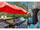 Inviting outdoor deck features comfortable seating, a stylish rug, and a vibrant orange umbrella for relaxing and entertaining at 21 Collins Dr, Douglasville, GA 30134