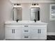 Bathroom vanity with double sinks, white cabinets, and modern black fixtures at 3241 Broadnax Mill Rd, Loganville, GA 30052