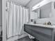 Modern bathroom featuring a vessel sink, gray vanity, and a textured shower curtain at 302 Gilmer Ct, Canton, GA 30115