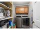 Convenient laundry room with modern appliances and shelving for storage at 5661 Fairwood Nw Dr, Acworth, GA 30101