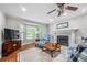 Comfortable living room with fireplace, large windows, and cozy seating arrangement for relaxation and entertainment at 5661 Fairwood Nw Dr, Acworth, GA 30101