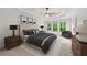 This staged main bedroom boasts tray ceilings and serene views from three windows at 4876 Sara Creek Way, Sugar Hill, GA 30518