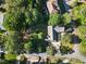 Overhead view of a property with a spacious lawn, mature trees, long drive, and surrounding street at 1875 Bernice Dr, Cumming, GA 30041