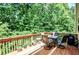 Spacious wood deck with table and chairs, perfect for outdoor dining and relaxing in a treed backyard at 1185 Gallatin Way, Suwanee, GA 30024