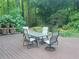 Wood deck featuring a table and chairs overlooking a serene, verdant landscape at 605 Ga 120 Hwy, Roswell, GA 30075