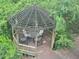 Backyard gazebo surrounded by lush plantings with table and seating at 605 Ga 120 Hwy, Roswell, GA 30075