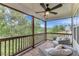 Outdoor porch with chairs, a ceiling fan, and a scenic view of nature at 6150 Bridge Fair Rd, Cumming, GA 30028