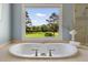 A luxurious soaking tub overlooking the backyard with a large window and natural light at 2211 Lattimore Farm Nw Dr, Kennesaw, GA 30152