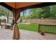 Relaxing backyard featuring a covered deck, green lawn, and a wooden fence ensuring privacy at 2586 Valley Stream Dr, Atlanta, GA 30360