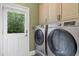 Convenient laundry room featuring modern washer and dryer with overhead storage at 120 Burford Holw, Alpharetta, GA 30022