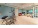 Basement gym with fitness equipment, mirrored wall, ceiling fan, and carpeted flooring at 335 Cameron Ridge Dr, Atlanta, GA 30328