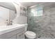 Modern bathroom with a glass-enclosed shower, sleek vanity, and round mirror at 3890 Cherrydale Se Ln, Smyrna, GA 30082