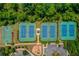 Aerial view of the community's sports courts and recreational facilities, nestled in a wooded landscape at 5960 Bridge Stone Ct, Cumming, GA 30028