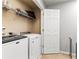 Laundry room area with modern Maytag washer, dryer, wire shelving, and a white door at 720 Mountain Laurel Dr, Canton, GA 30114