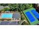 Aerial view featuring a community pool, tennis courts, and parking at 1830 Hadfield Blvd, Roswell, GA 30075