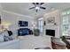 Cozy living room with a fireplace, TV, comfortable seating, and plantation shutters at 1830 Hadfield Blvd, Roswell, GA 30075