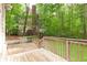 Wooden deck with a view of the grassy backyard and mature trees, ideal for relaxation and entertainment at 5065 Hickory Hills Dr, Woodstock, GA 30188