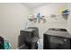 Functional laundry room with modern washer and dryer, plus ample storage shelving at 423 Blackbird Way, Hampton, GA 30228
