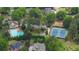 Aerial view of the neighborhood, featuring a swimming pool, tennis courts and lush greenery at 3165 Brookview Dr, Marietta, GA 30068