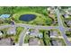 Aerial view of a home with a pool, near a pond, tennis courts, and green space at 7575 Old Camp Lndg, Cumming, GA 30040