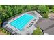 Aerial view of community pool with lounge chairs and landscaping surrounded by trees at 7575 Old Camp Lndg, Cumming, GA 30040