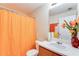 Bathroom featuring a sink, mirror, toilet and a shower with orange curtain at 10202 Fairington Ridge Cir, Lithonia, GA 30038