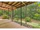 Covered patio area with wooded views, supported by pillars on a concrete patio at 200 River Pass Trl, Atlanta, GA 30350