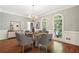 Elegant dining area with modern chandelier, hardwood floors, and large windows at 200 River Pass Trl, Atlanta, GA 30350