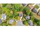 Overhead view of a residential neighborhood, surrounded by tree canopies and a cul-de-sac at 5705 Cannonero Dr, Alpharetta, GA 30005