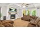Cozy living room features a fireplace, coffered ceiling, and ample natural light at 3298 Alcovy Club Ct, Dacula, GA 30019