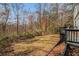 Backyard featuring a wood deck and a peaceful view of mature trees and fall foliage at 7935 Sweetwater Dr, Douglasville, GA 30135