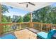 Inviting outdoor deck with wood railing and blue cushioned seating, perfect for relaxing and enjoying the scenic view at 411 Riverclub Rd, Acworth, GA 30101