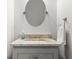 Modern powder room with gray vanity, granite countertop, oval mirror, and stylish fixtures at 1112 Cordia Nw Ave, Atlanta, GA 30318