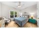 Cozy bedroom with hardwood floors, a ceiling fan, and a view of the outside deck at 3030 Heatherstone Dr, Cumming, GA 30041