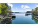 Scenic lake view featuring boat docks and calm waters under a partly cloudy sky in a wooded area at 3030 Heatherstone Dr, Cumming, GA 30041