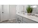 Bathroom features a white double vanity, a modern faucet, and stylish gray tile flooring at 221 Begonia Way, Mcdonough, GA 30253
