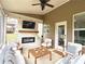 Outdoor screened-in patio with comfortable seating, a fireplace, and a ceiling fan at 4769 Moon Hollow Ct, Buford, GA 30519