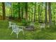Large backyard with lush lawn, fire pit, and seating area surrounded by mature trees at 3116 Lakepoint Cir, Acworth, GA 30102