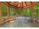 Interior view of gazebo featuring vaulted ceiling, seating area, and views of surrounding trees at 3116 Lakepoint Cir, Acworth, GA 30102